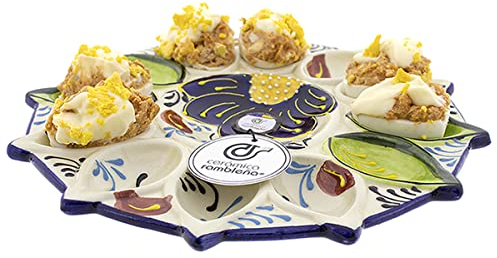 CERÁMICA RAMBLEÑA | Huevera | Plato para huevos rellenos | Bandeja cerámica | Huevos rellenos | Huevera amazon | Plato huevos modelo - M06 | Decoración 100% hecho a mano | 26x26x2.5 cm