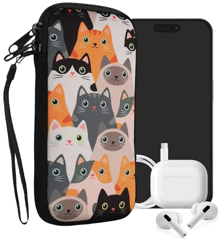 kwmobile Custodia in Neoprene con Zip per Smartphone XXL - 7 - Astuccio portacellulare a Sacchetto con Cerniera - Borsa Verticale - Gatti Arancione/Nero/Bianco