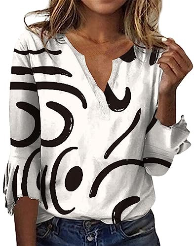 TIMEMEAN T Shirt Femme,Tuniques pour Femmes 2023 Blouse à Manches 3/4 en Forme De Cloche pour L'Automne Et L'Été Chemises Habillées Décontractées à Col en V Et à Motifs Abstraits pour Les Vacances