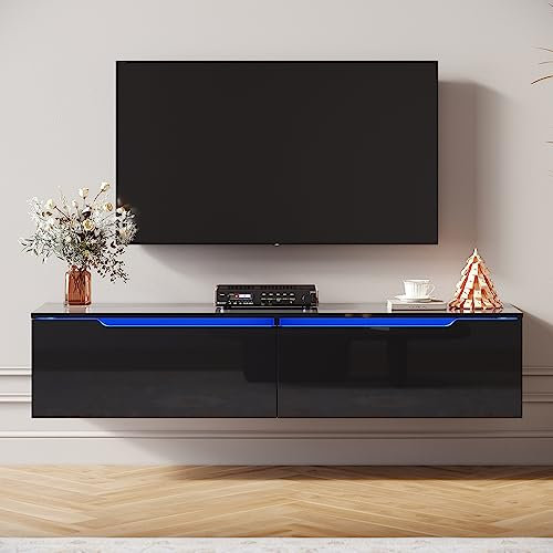 SIRHONA Meuble TV LED, Meuble TV Noir Laqué éclairage LED avec 16 Couleurs Ajustables, Plateau TV Haute Brillance, sur Pied ou Suspendu, pour Le Salon ou La Chambre à Coucher