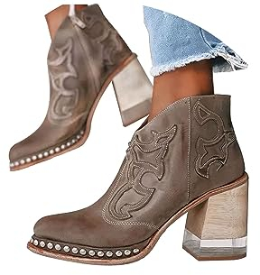EGSDMNVSQ Stiefel Damen Stiefeletten High Heels Mit Blockabsatz Bestickt Niet Spitze Stiefel Winterstiefel Pu-Leder Tragbar Stiefeletten Bequeme Warme Pumps Schuhe Party