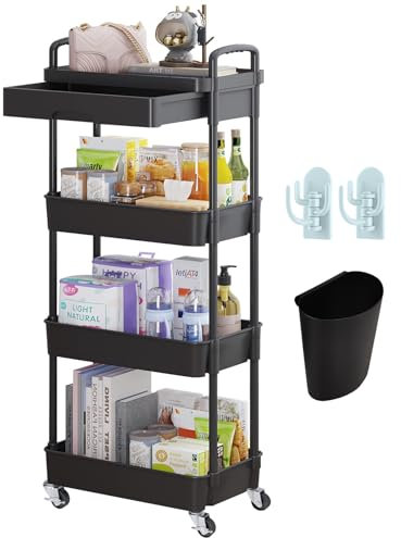 Wuciray Beauty Trolley on Wheels 4 Tier Storage Trolley with Drawer Plastic Beauty Trolleys Rolling Utility Cart Craft Trolleys on Wheels for Home Kitchen Bathroom Laundry Office Black