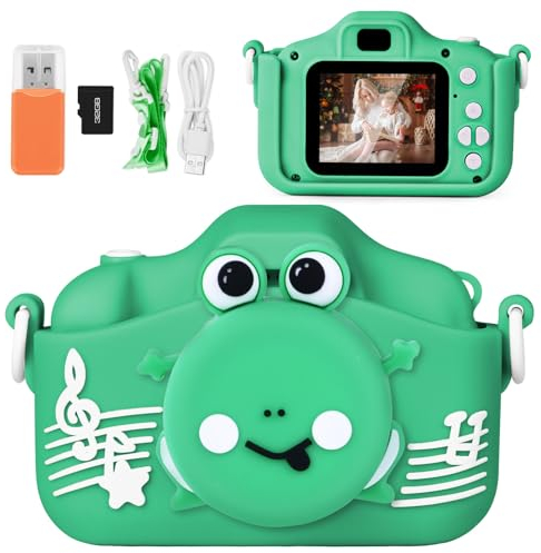 OSDUE Appareil Photo pour Enfants, Grenouille Verte (Comprend Une Carte Mémoire 32G + Un Lecteur de Carte), Mini Rechargeable HD 1080P Enregistreur Vidéo Selfie Appareil Photo, Enfant Cadeau 3+ Ans