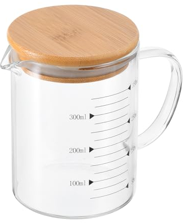 PATIKIL 350ml Glass Measuring Cup, 3.3 Borosilicate Glass Graduated Black Printed Scale Liquid Measure Cups Beaker with Wood Lid and V-Shaped Spout for Kitchen