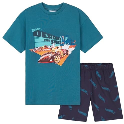 Hot Wheels Schlafanzug Jungen Kurz, Pyjama Set mit T-Shirt & Schlafshorts (Blau, 7-8 Jahre)