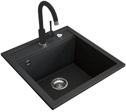 Bergström Spülbecken, Spüle aus Granit, Schwarz, 49 x 50 cm mit Armatur Schwarz