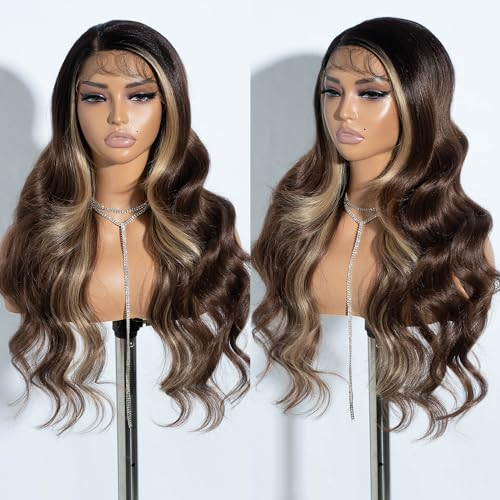 Joedir 13x4 Körperwelle 150% Dichte HD Spitze Front Perücke Synthetisches Haar Perücke mit Baby Haar Highlights Perücken für Frauen 30 Zoll（76cm）