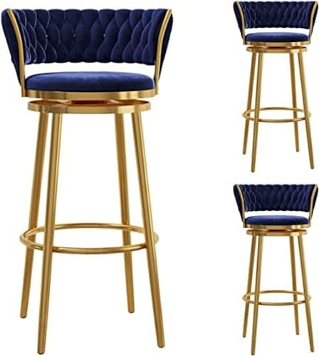 Thekenhocker im 3er-Set, drehbare Barhocker mit gewebter Rückenlehne, moderner, mit Samt gepolsterter Küchenbarhocker, Esszimmerstühle mit goldenen Metallbeinen, Blau, 65 cm