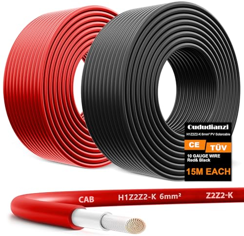 Oududianzi 2x15m Solarkabel 6mm2, Solar Verlängerungskabel 15m, Photovoltaik Kabel, PV Kabel 6mm2, Solarkabel Verlängerung für Solarpanel, Wechselrichter & Laderegler(15m Rot+15m Schwarz)