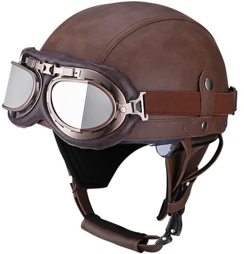 Casque Moto Vintage De Protection en Cuir Bol Homme Homologué ECE Casques Jet avec Lunettes à DéGagement Rapide Scooter