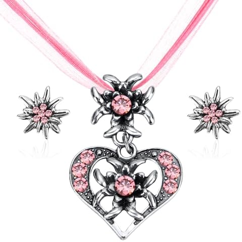 IMPPTE 3 Stück Rosa Trachtenschmuck Damen Kette Edelweiß Herz Anhänger mit Ohrstecker Edelweiß Trachtenschmuck Damen Ohrringe für Bierfest Trachten Dirndl Accessoires