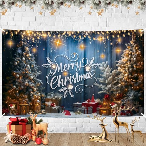 Frohe Weihnachten Background Party Deko, Große Merry Christmas Weihnachtsbaum Geschenk Weihnachtsbanner Backdrop für Winter Outdoor Indoor Wand Hof Weihnachtsdeko Hintergrund Neujahr Heiligabend Deko