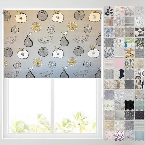 Barnes Blinds - Blackout Pattern Roller Blinds for Windows, Custom Cut to Size - Thermal Fabric Durable Fittings Easy Fit (Grey Ochre Fruits 61cm)