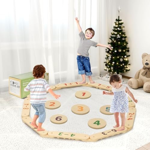 COSYLAND - Holz Balancierbalken Kinder mit 6 Balanciersteine - Kleinkinder Schwebebalken - Frei Kombinie und Zahl Hindernissteinen - Balance Boards für Kinder Drinnen