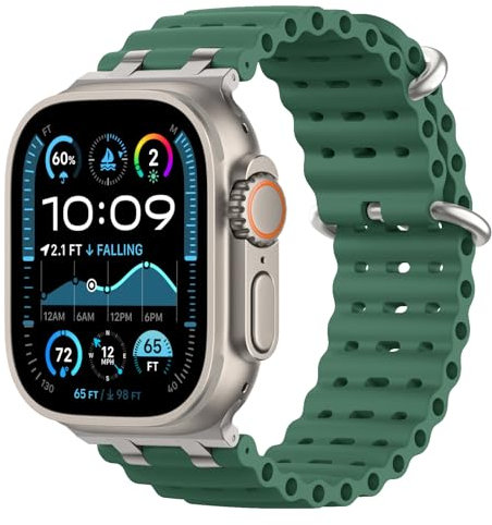 Astorgos Correas Ocean Compatible con Apple Watch Ultra2/Ultra 49mm,S10 46mm,9/8/7 45mm,SE2/SE/6/5/4 44mm,3/2/1 42mm,Correa de Reloj Deportiva con Conector Metálico para Hombre Mujer, Plata/Verde