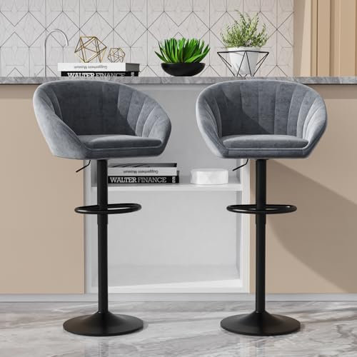 Utlenianie Juego de 2 Taburete de Bar, Taburetes Altos de Cocina con Respaldo, Taburetes Altos Ajustable 59-102 cm, Silla de Cocina Tasburete Alto de Tela, Silla de Bar para Cocina Bar Comedor (Gris)