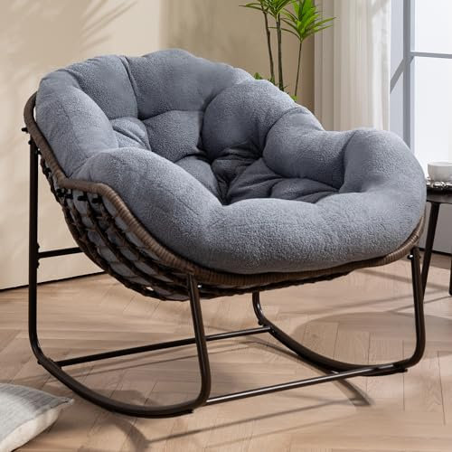 Villeston Outdoor Patio Schaukelstühle, Überdimensionierter Papasan-Schaukelstuhl für den Innenbereich mit Gepolstertem Teddy-Stoffkissen - Ei-Schaukelstuhl für Wohnzimmer, Veranda, Garten, Terrasse
