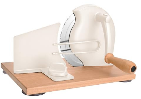 SOWKIPE Manual Bread Slicer with Hand Crank, Classic Home Bread Slicer for Homemade Sourdough, Rotary Slicer with Adjustable Thickness, Premium Stainless Steel & Powerful Suction Cups (White)