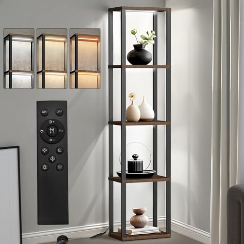 Floor Lamp with Shelves, Dimmable Wooden Display Cabinets with 4 Layers, LED Curio Cabinet Bookshelf 3 Color Temperature & Brightness Adjustable, Corner Display Shelf Bookcase for Living Room Bedroom