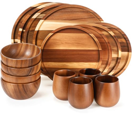 Maxdot 16 Pcs Acacia Wood Dinnerware Set Round Wooden Dinner Plates, 8 10 Inch, 4 of Each Size, Handmade Acacia Wood Round Bowl, 5 Inch, Set of 4, Natural Solid Wooden Tea Cups, 6 Oz, Set of 4
