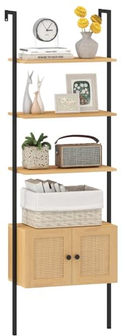 COSTWAY Libreria a Scala a 5 Ripiani con Armadio in Rattan | Scaffale da Parete con Struttura in Metallo, Organizzatore di Stoccaggio per Soggiorno Studio Ufficio, 60x31,5x184 cm