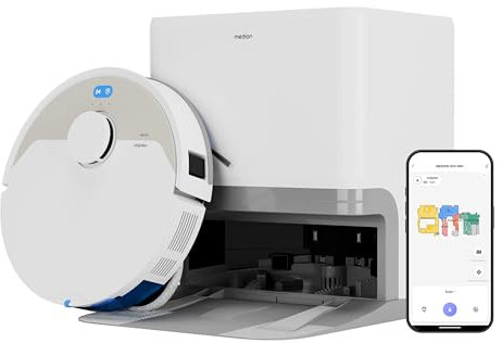 MEDION Saugroboter mit 3-in-1 Absaugstation, Lasernavigation und Wischfunktion X55 SW+ (Starke 10000Pa Saugkraft, 2in1 Roboterstaubsauger, rotierende Wischmopps, Kreuzlinienlaser)