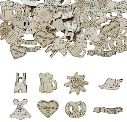 BIBITI 100 Stück Oktoberfest Deko, Bayrisch Party Tischdeko Oktoberfest-Holzdeko Edelweiss Bier Dirndl Hut Bierkrug Bayern Streuteile Set, für Bayrische Festliche Dekoration