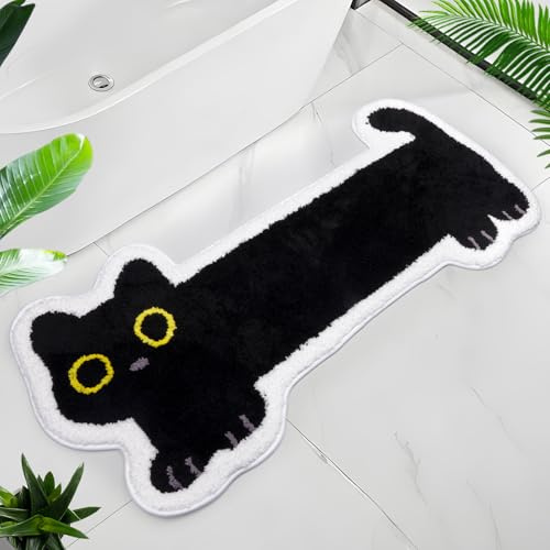 Yamepuia Badezimmerteppich,Lang Schwarze Katze Badematte - 120 X 50cm | Niedlich Badvorleger Rutschfest Waschbar,Weich Absorbierende Lang Badteppich für Badezimmer,Badewanne,Eingang,Türmatte