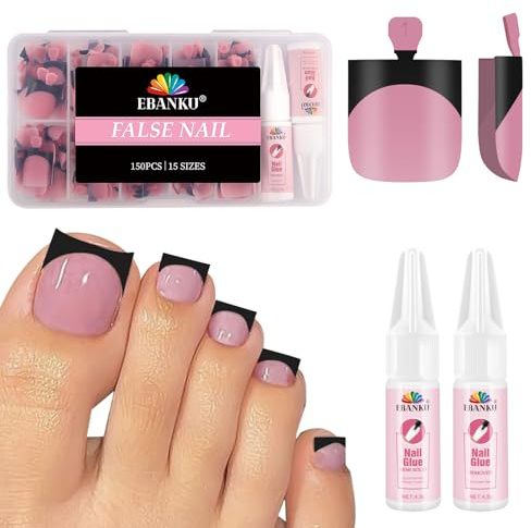 EBANKU 150PCS French Tip Toe Press on Nails, Square Pre-Designed Soft Gel Thick False Toenail Extension, Black French Acrylic Full Cover Fake Toenails with Glue & Remover for Women Home DIY