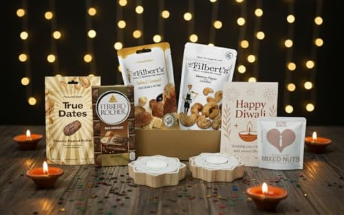 Emartbuy Luxury Diwali Gift Hamper with Carved Wooden Tealight Diya Candle, Chocolates, Nuts, Dates, & Greeting Card in Festive Gift Box for Family, Friends & Corporate Gifting - Rustic Glow Hamper