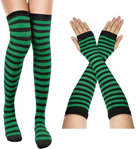 MESU Women Striped Thigh High Socks and Fingerless Gloves Set | for Cosplay Costumen