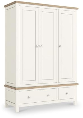 RoselandFurniture Farro Coconut White 3 Door Triple Wardrobe for Bedroom | Large Wooden Closet with Drawers, Washed Oak Top, Modern Farmhouse Style, H183cm W130cm D52cm