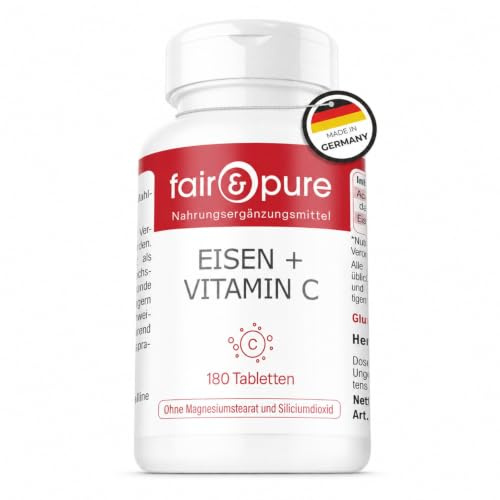 Fair & Pure Eisen + Vitamin C aus Acerola, 180 Stück, 40mg Tagesdosis Eisen + 40mg Vitamin C pro Tablette, schluckfreundlich, veganes Nahrungsergänzungsmittel ohne Zusätze, in Deutschland hergestellt
