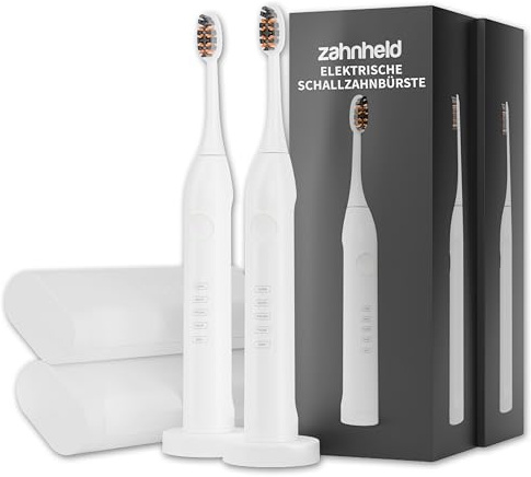 Zahnheld Gero G3 Schallzahnbürste Doppelpack, 2x Bürstenköpfe & Reiseetuis | Elektrische Zahnbürste zur Zahnreinigung & Zahnpflege, lange Akkulaufzeit, 5 Putzmodi, Andrucksensor & Timer