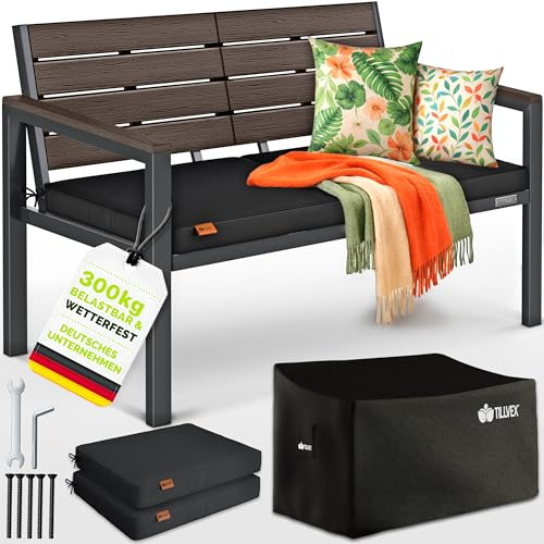 tillvex® Gartenbank Wetterfest 2-3 Sitzer mit Abdeckung & Kissen bis 300kg | Parkbank Holzoptik UV-beständig | Sitzbank inkl. Auflage für Garten Terrasse Balkon | Balkonbank mit waschbarem Polsterbezug