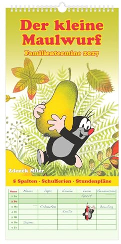 Der kleine Maulwurf 2027: Familienkalender 22x45cm mit 5 Spalten, Schulferien, Stundenplänen & deutschem Kalendarium, ideal für Familien mit Kindern