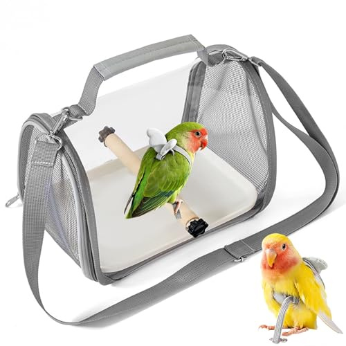 Bird Travel Carrier, Portable Bird Travel Cage with Wooden Stick Plastic Tray and Bird Rope Transparent Small Parrot Backpack for Travel Hiking Camping (26 x 19 x 19.5 cm)