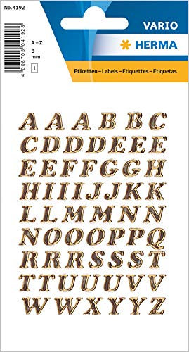 HERMA Buchstaben Aufkleber Gold, 61 Stück, Schriftgröße 8 mm, selbstklebend, klein, Alphabet Sticker Klebebuchstaben A-Z aus Glitzer-Folie zum Aufkleben
