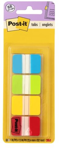 Post-it Tabs, 2,5 cm massiv, Aqua, Limette, Gelb, Rot, 22/Farbe, 88/Spender (686-ALYR1IN)
