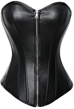 MISS MOLY Corsage|Vollbrust Vintage Kunstleder Korsage Leder-Optik Coolstil Korsett Reißverschluss/Vorderschliesse Corset(Mit G-String) Schwarz L