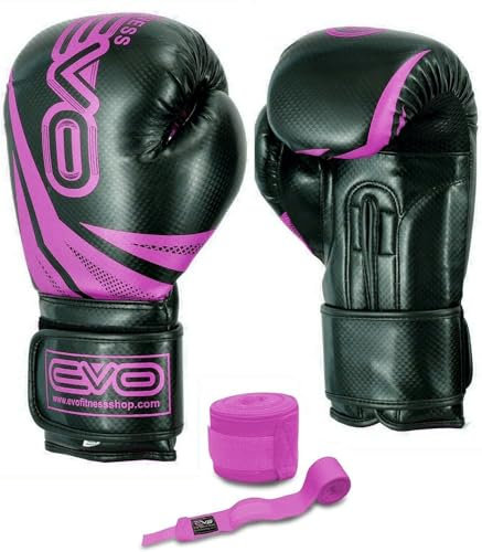 Evo Fitness Femmes Rose Gel Rex Cuir Gants De Boxe Sac De Frappe MMA Muay Thai Arts Martiaux Kick Boxing - Rose, 8oz