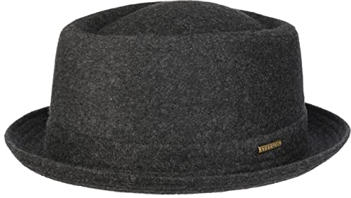 Stetson Wool Pork Pie Hut Herren Damen Made in Italy Fedora mit Schurwolle Baumwollfutter Krempe Herbst Winter anthrazit 61 cm