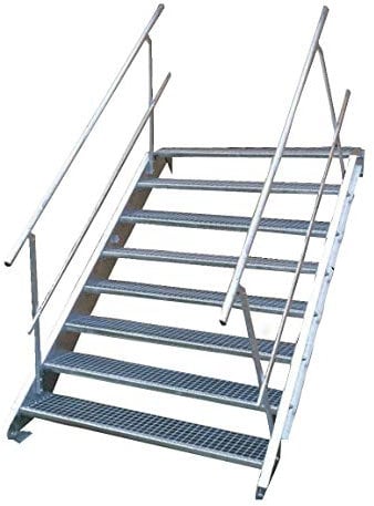Stahltreppe Industrietreppe Aussentreppe Treppe 8 Stufen-Breite 90cm Variable Geschosshöhe 120-160cm vezinkt mit beidseitigem Geländer