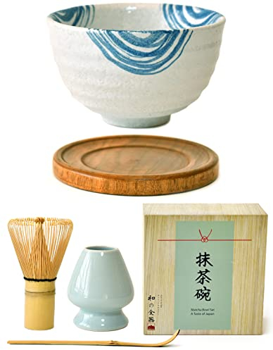 APEX S.K. Matcha Whisk Set – Blue Rings White and Blue Brush Stroke Chawan Bowl with Bamboo Whisk, Holder, Scoop, and Wooden Coaster – Japanese Ceremonial Matcha Tea Kit for Green Tea