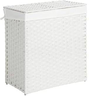 SONGMICS Divided Laundry Hamper, 110L Synthetic Rattan Handwoven Clothes Laundry Basket with Lid and Handles, Foldable, Removable Liner Bag, White LCB52WT