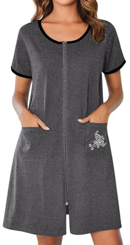 Ekouaer Bademäntel mit Reißverschluss für Damen, kurze Ärmel, Reißverschluss, Hausmantel, kurzer Bademantel, leichtes Nachthemd mit Taschen, S-3XL, Dunkel_Grau, Medium
