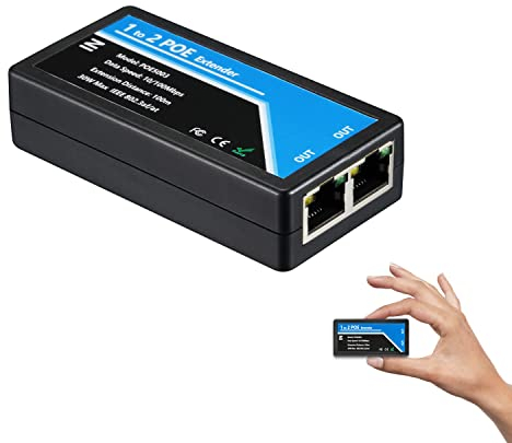 Revotech 2 Port PoE Extenseur, IEEE 802.3af/at Compatibles 10/100 Mbps RJ45, POE Répétiteur 100 mètres Extenseur,1 in 2 Out Adaptateur POE pour Caméra Poe/Dispositif POE, Plug and Play(POE5003)