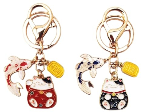 YOYUMI Keychain Schlüsselanhänger Lucky Cat Schlüsselanhänger Koi Autoschlüssel Anhänger Kleines Geschenk Legierung Tasche Ornament Zubehör Rot Blau 2St
