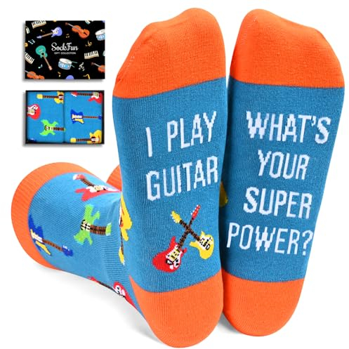 sockfun Musikgeschenke für Männer Frauen - Klavier- & Gitarrensocken, Weihnachtsgrußkarte für Musiker, Spieler, Guitar Blue Super Power, Medium