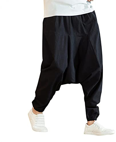 Generic Leinenhose Herren Haremshose mit Gedruckten,Männer Pumphose Aladinhose Pluderhose Yoga Goa Hosen Baggy Freizeithose, Schwarz, 5XL